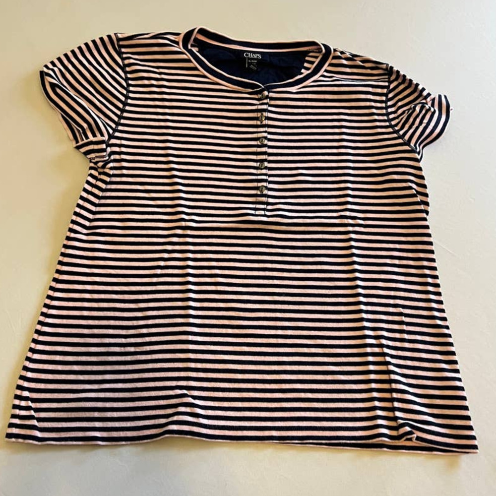 CHAPS Pink Blue Striped Short Sleeve Henley Casual Top XL